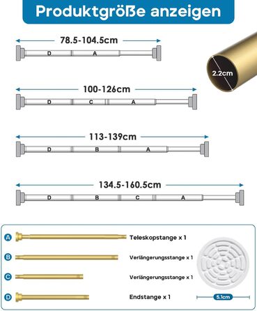 Телескопічна штанга для карнизів та душової кабіни без свердління, 195см, 79-160см (Золотий)
