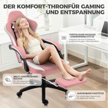 Ігровий крісло Dowinx з тканини, масажний крісло з підніжкою, ергономічне, для PC, геймінгу, офісу, 150 кг, рожево-білий