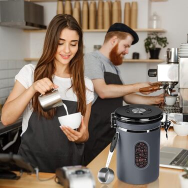 Контейнер для кави ROCKY&CHAO з нержавіючої сталі 1.8L, 600г, з прозорим вікном, для кавових зерен, чаю, горіхів, какао. Зберігає свіжість довше (1.5L-Сірий)