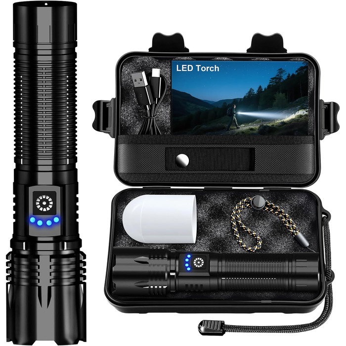 Ліхтар LED тактичний USB-C 50000 люмен, 24 години роботи, Zoom, 5 режимів, IP67, чорний