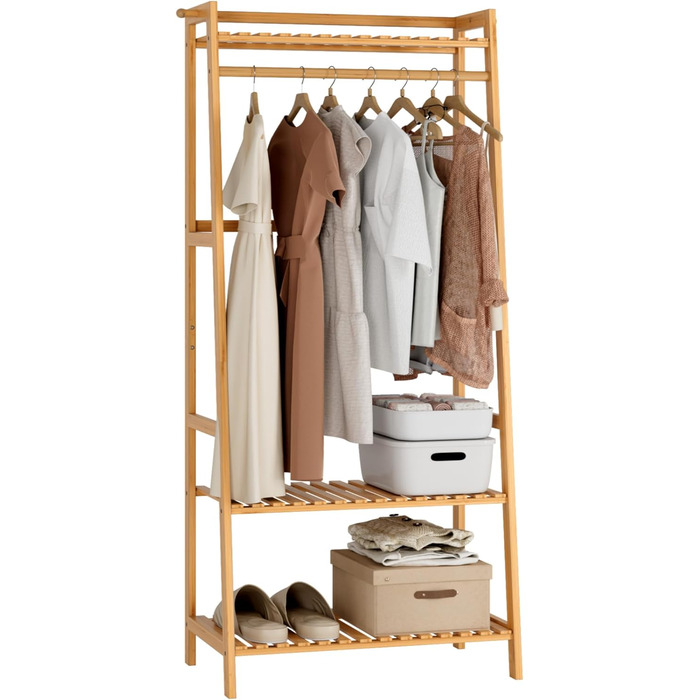 FOREHILL Clothes Rack with Shelves Coat Rack Bamboo Clothes Rail with Anti-Tip Device for Clothes Shoe Shelf Bags 164x70x42cm