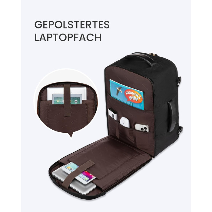 LOVEVOOK Рюкзак для ручної поклажі, дорожній рюкзак 45L, валіза-рюкзак для ноутбука 17.3 дюйма, для подорожей, ділових поїздок, вихідних (1-чорний, 47x20x34 см, 40L, комплект)