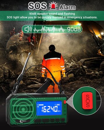 Радіо Kurbelradio з сонячною панеллю Esky, 10000mAh, AM/FM, SOS-сигнал, компас, LED-ліхтарик, живлення для смартфона, для надзвичайних ситуацій та кемпінгу, зелене