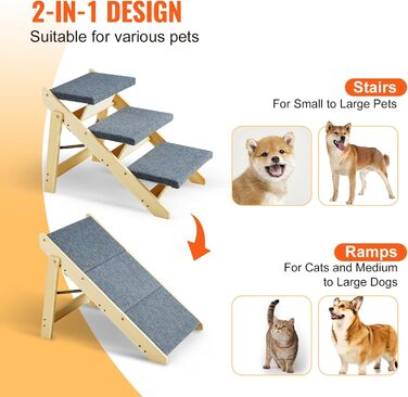 Сходи для домашніх тварин VEVOR з дерева, 2-в-1, складана, для собак та котів, для ліжка, дивану, автомобіля, 3 сходинки, до 68 кг