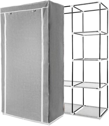 Navaris Fabric Wardrobe with Clothes Rail - Folding Wardrobe 88x170x45cm with Rail - Large, Stable Closet - Foldable Fabric Wardrobe made of Nonwoven Fabric in Light Grey
