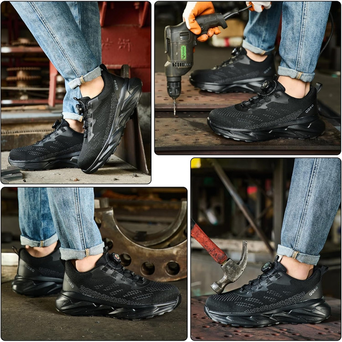 Черевики робочі чоловічі/жіночі, спортивні, дихаючі, анти-удари, зі сталевим підноском, шнурівка, швидка застібка, поворотний замок, 46 EU, чорні