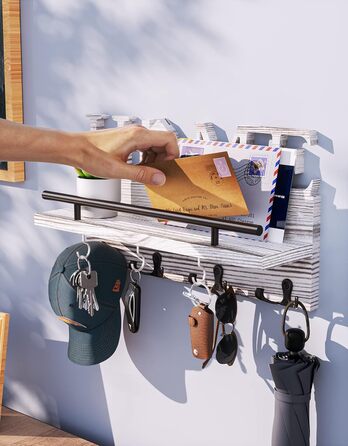 Дерев'яний органайзер для ключів з полицею на стіну - 7 гачків, Rustic дизайн (білий)