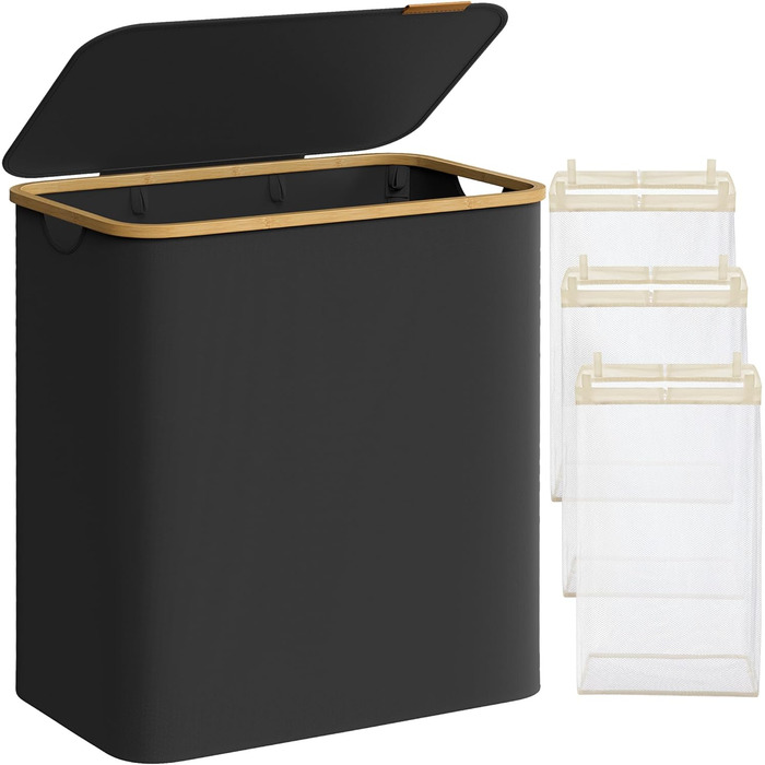 Laundry Basket, 3 compartments, 150 L, foldable, removable bag, Oxford fabric, bamboo, 60x38.5x70.5 cm