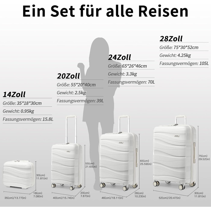 KONO Валіза ручної поклажі 55см з поліпропілену, 4 колеса, TSA-замок, 55x40x20см (Крем-білий)