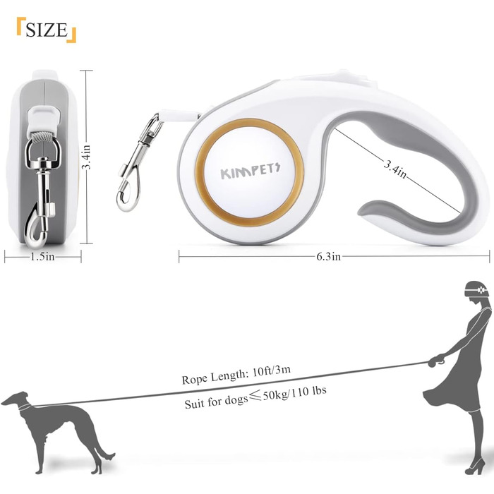 Висувна поводок для собак 3 м, для жінок, поводок для вигулу домашніх тварин з неслизькою ручкою для собак маленьких, середніх та великих порід (до 50 кг), поворот на 360°, функція паузи та блокування
