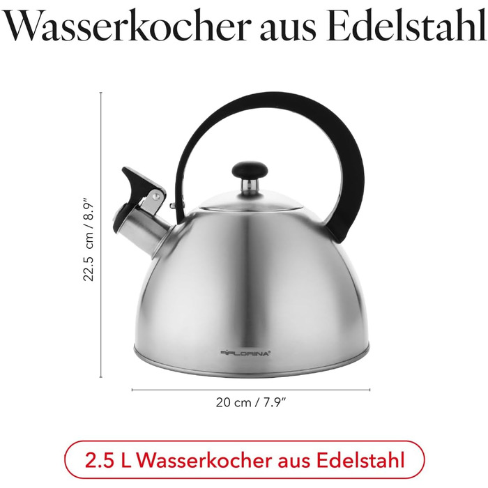 Чайник FLORINA Brillo з нержавіючої сталі (2,5 л) | Чайник-свисток для плити (індукційна, газова, електрична) | Сріблястий | Зручна ручка з бакеліту