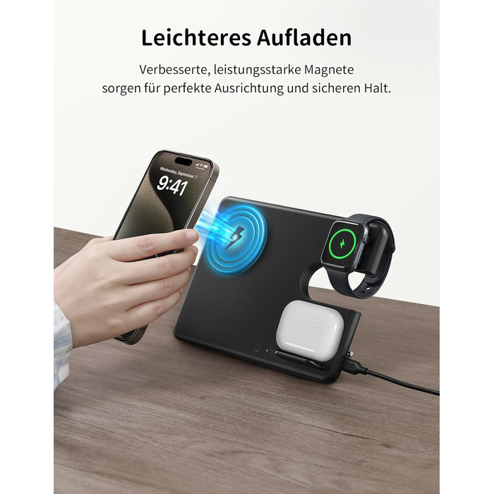Зарядний пристрій JoyGeek 3-в-1 з MagSafe для Apple Watch, iPhone 16/15/14/13/12/Plus/Pro Max, AirPods 2/Pro 2, чорний