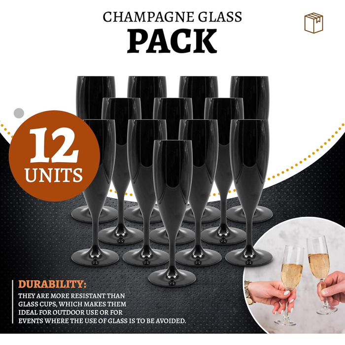 DOJA Barcelona: 12 пластикових келихів для шампанського, 195x8x2 мм, чорний полікарбонат