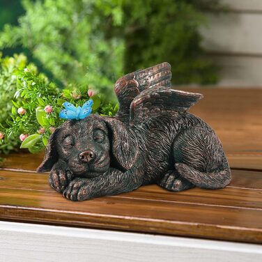 Yeomoo Dog Angel Solar Garden Decorations for Outdoors with Butterfly - Weatherproof Animal Statue Balcony Decor, Sleeping Puppy Solar-Powered Figure Grave Ornament Tombstone, Gifts for Women Mom Copper