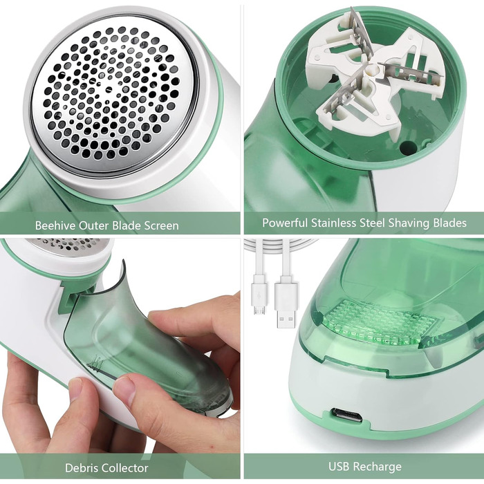 Електричний видалення ворсу для одягу, бездротовий, з USB-кабелем, змінна насадка, для пуловерів та вовняних виробів (зелений)