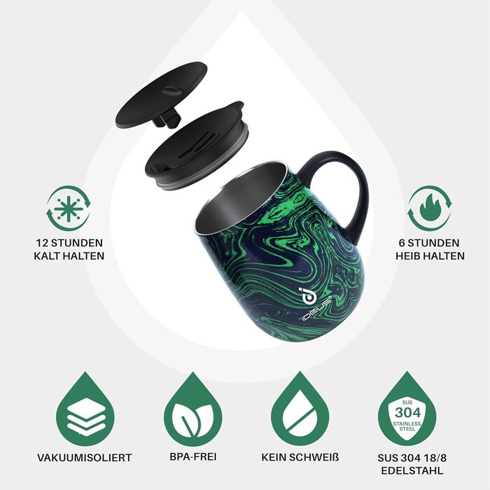 Кружка для кави та чаю Ideus 470 мл з подвійними стінками, нержавіюча сталь, з неслизьким ручним тримачем та кришкою-відкидником, великий об'єм (Трав'яний зелений)