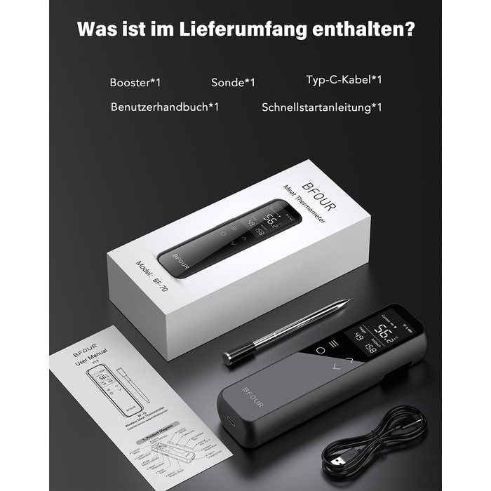 Термометр для гриля та духовки BFOUR WiFi Bluetooth з 6 датчиками, IP67, 2600mAh, керування через додаток