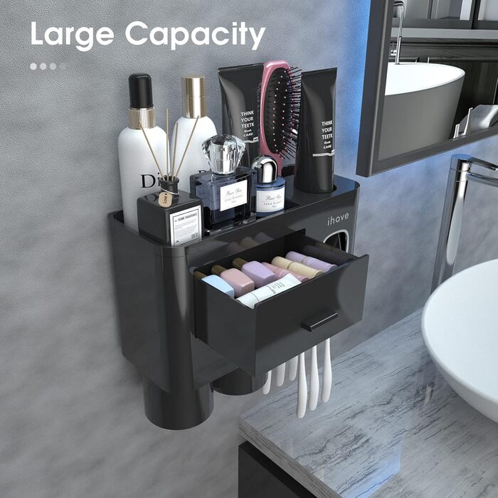 iHave Toothbrush Holder Wall Mount Black, Bathroom Toothbrush Holder with Toothpaste Dispenser, 2 Cup Toothbrush Holder with Drawer, Large Capacity Toothbrush Organizer Bathroom