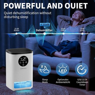 Електричний осушувач повітря 1600 мл, портативний, ультратихий, з автоматичним вимкненням та 7-кольоровим підсвічуванням для спальні, ванної кімнати та дому