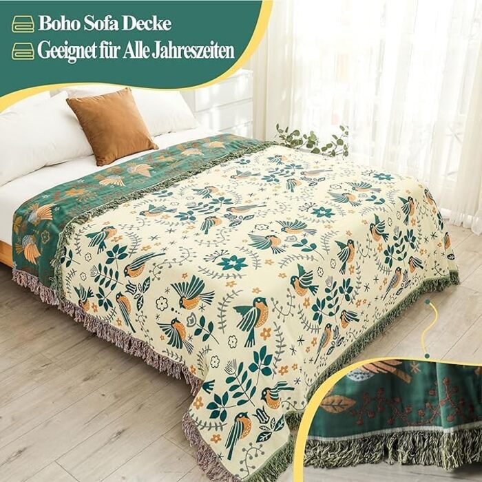 HOORDRY Boho Throw Blanket for Bed - 100% Cotton Ultra Soft Rustic Quilt - Bird Floral Printed Farmhouse Decor Bedspread, All Season Rustic Throw for Sofa Couch Chair Green Bird 230×250CM