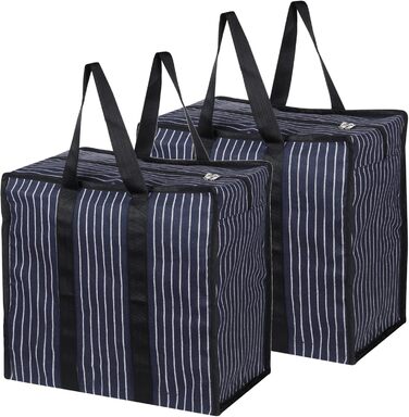 Double R Bags Multi-Purpose Canvas Shopping Bag, Extra Large, Durable, Reusable, with Strong Handles and Zippered Bottom (2 Pack, Navy Blue)