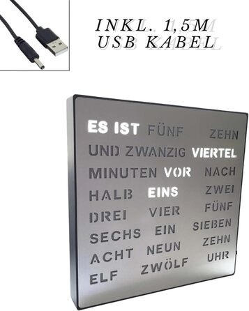 Bada Bing LED Word Clock Silver with German Word Display - elegant metal clock with USB cable wall clock modern - high-quality table clock silent for placing/hanging - decoration gift men's office living room