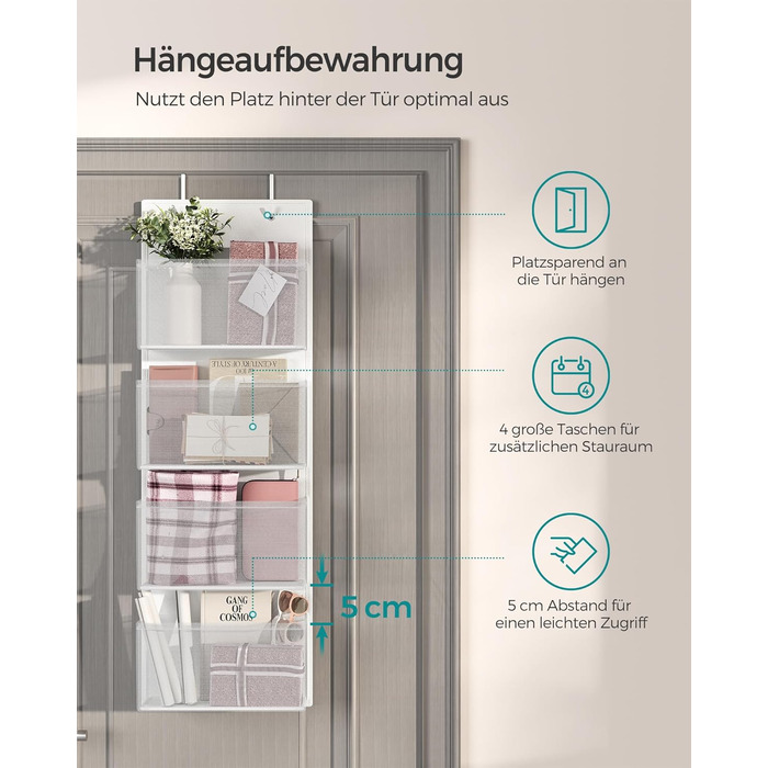 Органайзер для шафи SONGMICS з 4 кишенями, підвісна полиця, органайзер для шафи, підвісне зберігання, органайзер для дверей, спальня, вітальня, 2 x 33,5 x 00 см, RDH04G (1, Хмарний білий)