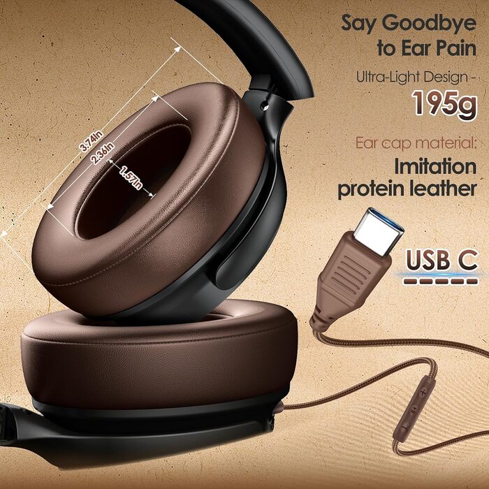 Накладні дротові навушники INFURTURE з USB-C та активним шумозаглушенням (Noise Cancelling), коричневі