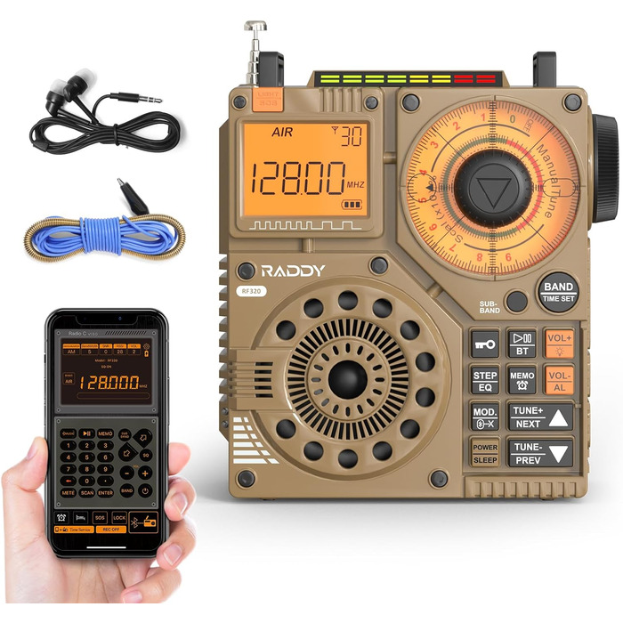 Радіо Raddy RF320: короткі хвилі, FM/AM/VHF/SW/AIR, Bluetooth, TF-карта, перезаряджається, портативне, з антеною 3м, навушники, ліхтарик, SOS, жовте