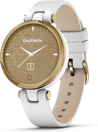 Garmin Lily™ – класичний розумний годинник з сенсорним екраном та декорованим корпусом, світло-золотистий з білим шкіряним ремінцем