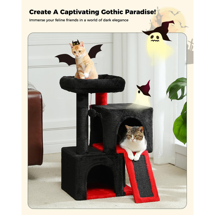 PETEPELA Scratching Post with Dual Condos for Apartment Cats, All-in-One Cat House with Padded Perch, Scratch Ramp & Post, and Replaceable Balls (Black, S 77cm)