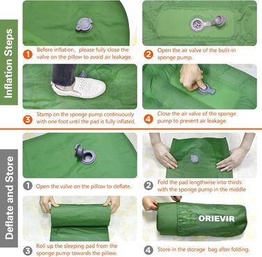 Isomatte ORIEVIR для кемпінгу та подорожей: товста 12 см, з подушкою та насосом, ультралегка, зелена