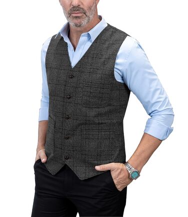 Елегантний костюм-двійка чоловічий Solove: жилет у клітинку з вовни Tweed, Slim Fit для весілля, чорний S