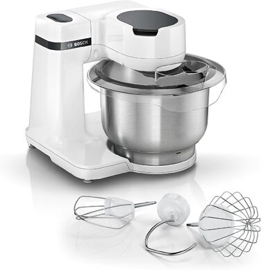 Bosch Kitchen Machine Series 2 MUMS2EW00, 3.8 L Stainless Steel Bowl, Planetary Mixing System, Dough Hook, Beaters and Whisk (Stainless Steel), 4 Speed Settings, Expandable with Optional Accessories, 700W, White