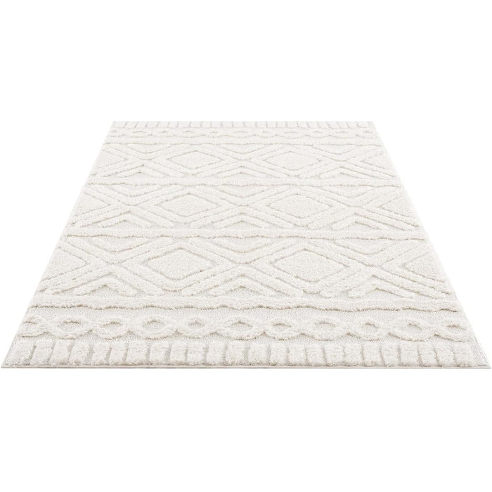 Килим для вітальні та спальні 120x170 см, кремовий, з високим ворсом, візерунок ромбі, 3D-ефект, стиль бохо/сканді