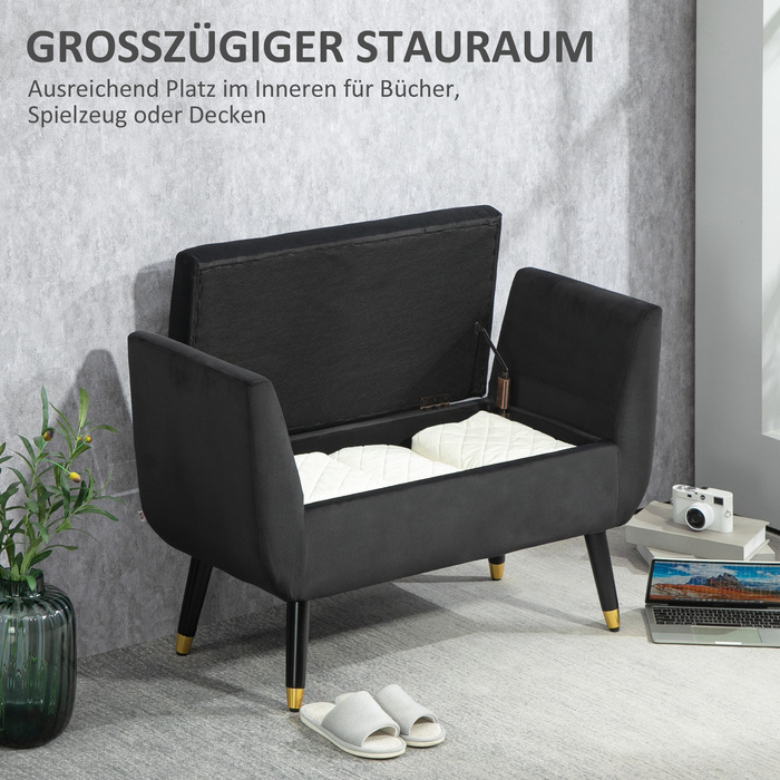 HOMCOM Luxury Bench with Storage, Armrests, and Trunk – Velvet-like Polyester, Rubber Wood, Dark Grey, 107 x 42 x 65 cm | Aosom