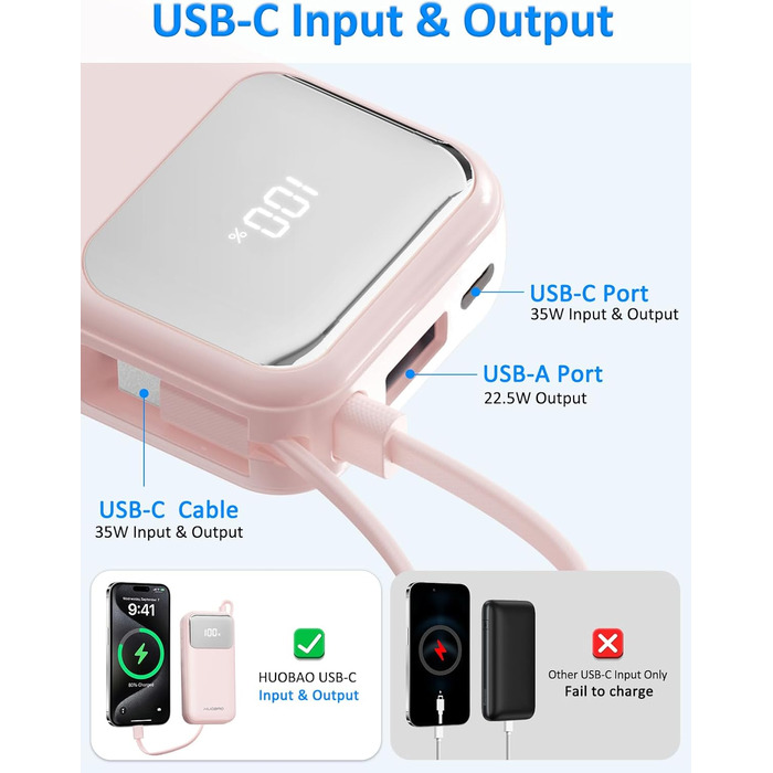 Power Bank 10000mAh з USB-C кабелем, PD 35W, LCD дисплей, для iPhone, Samsung, iPad та інших пристроїв (Блакитний)