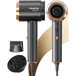 Іонський фен Feekaa з дифузором та магнітною насадкою, для подорожей та кучерявого волосся, 4 температурні режими, матовий чорний