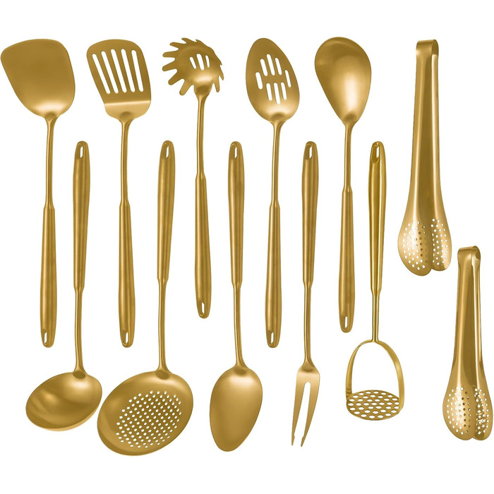 Набір кухонного інвентарю з нержавіючої сталі 304, 12 предметів: лопатки, шумівки, ложки, щипці, лопаточки, вінчики, кухонні щипці (безпечно мити в посудомийній машині) (сріблястий, золотий)