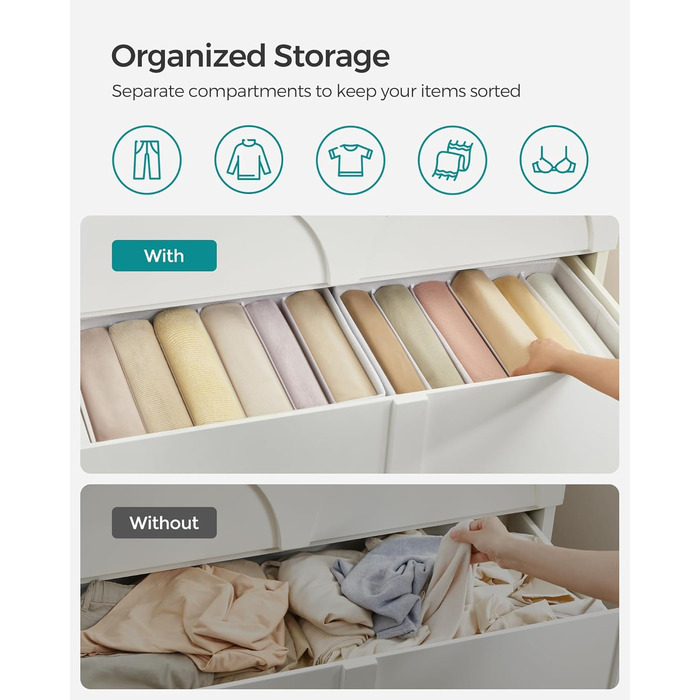 SONGMICS Set of 4 Drawer Organizers, 6 Compartments, Closet Organizer, Foldable, Clothes Organizer, 41.5 x 30.8 x 17.8 cm, for Pants, Clothing, URUS009G04 (Classic White)