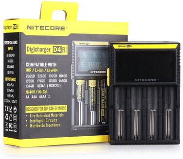 NiteCore D4 EU: Інтелектуальний зарядний пристрій для акумуляторів з LCD-дисплеєм (18650, 18350, 26650, AAA, AA, CR123A)
