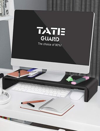 Складана підставка для монітора з регульованою шириною, сумісна з iMac, ноутбуками, принтерами, з висувною шухлядою та тримачем для планшета і смартфона, чорна