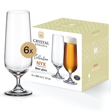 Кришталеві келихи Crystal Bohemia - набір 6 шт, об'єм 200 мл, стійкі до миття в посудомийній машині, елегантні, стійкі до подряпин - класичні келихи для шампанського та просекко, ідеальні для вечірок та як подарунок (Beer 380ml)