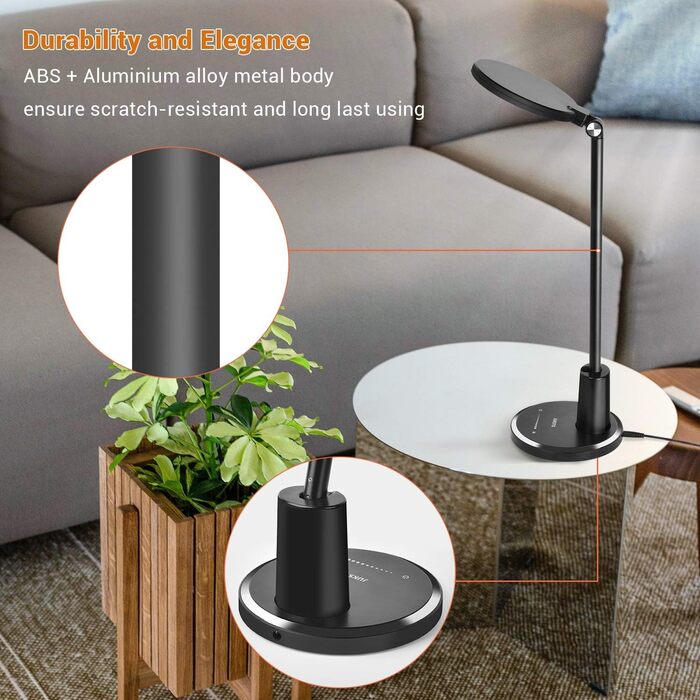 JUKSTG LED Desk Lamp - 12W Adjustable Office Table Lamp with Touch Control, Dimming, 10 Brightness Levels, 5 Color Modes, Eye Protection for Reading, Work, Kids - White/Black