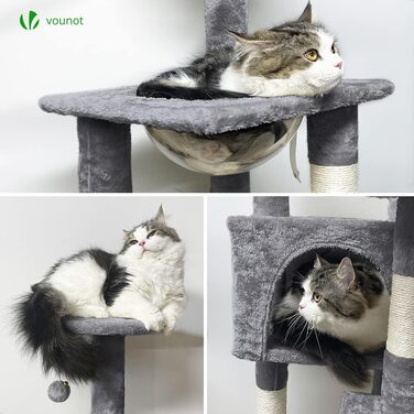 Кігтеточка Vounot для котів, стабільний комплекс, 115 см, сірий колір, з платформами та печерею