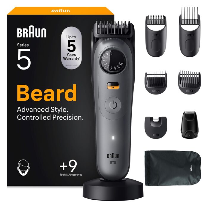 Триммер для бороди Braun Series 5 BT5525: електричний, з насадками (9 шт.), водонепроникний, 40 налаштувань довжини, сірий