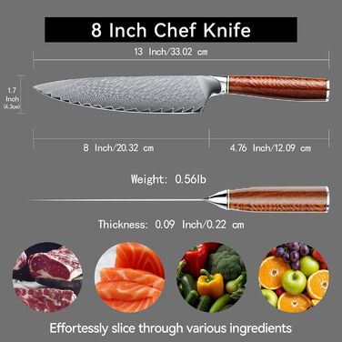 Японський професійний кухонний ніж Hoforife 20 см з дамаської сталі VG10 з ергономічною ручкою з дерева в подарунковій коробці