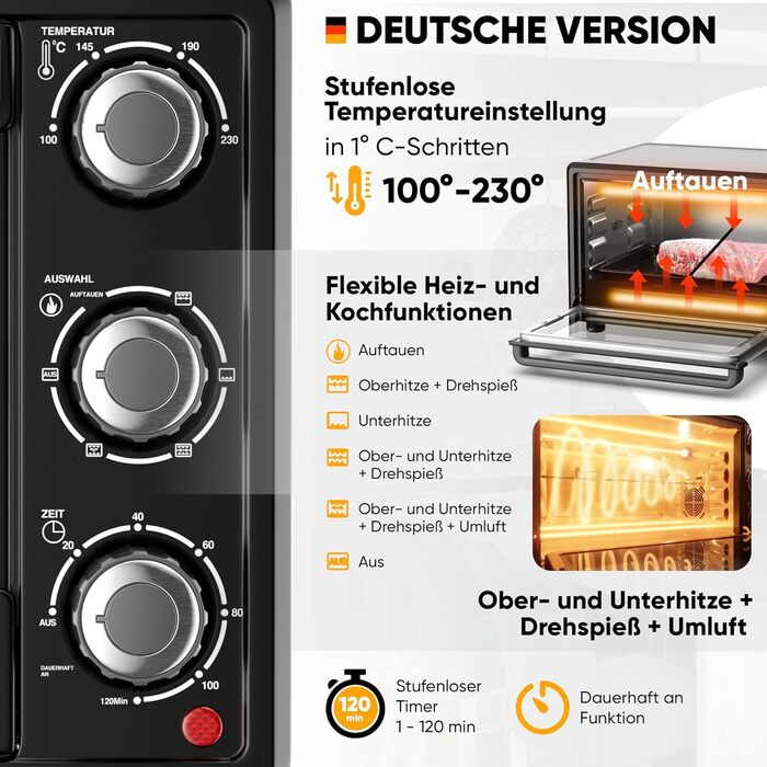 Міні-піч Stillstern CYCLONE PRO+ (25л) з конвекцією: піч-фритюрниця, гриль, тостер, піца, для кемпінгу, з антипригарним покриттям, рецепти, вертушка, 1500W