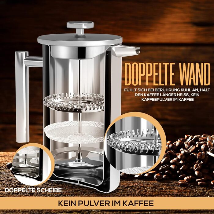 KICHLY French Press Coffee Maker 34 Oz - 1000 ml (4 Coffee Cups / 8 Coffee Mugs) - Coffee Machine with Triple Stainless Steel Filter & Insulated Walls - Silver