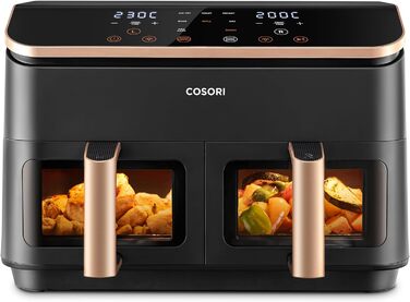 Cosori Dual Basket Air Fryer with 2 Chambers, 6-in-1 Dual Zone Air Fryer XXL 8.5L, Hot Air Fryer with Double Chamber and Viewing Window for Complete Meals, 50 Recipes, Energy-Saving Gold Dual Basket